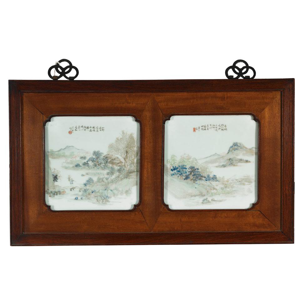 Wall Panel with Two Famille Verte Porcelain Plaques, First Half 20th Century