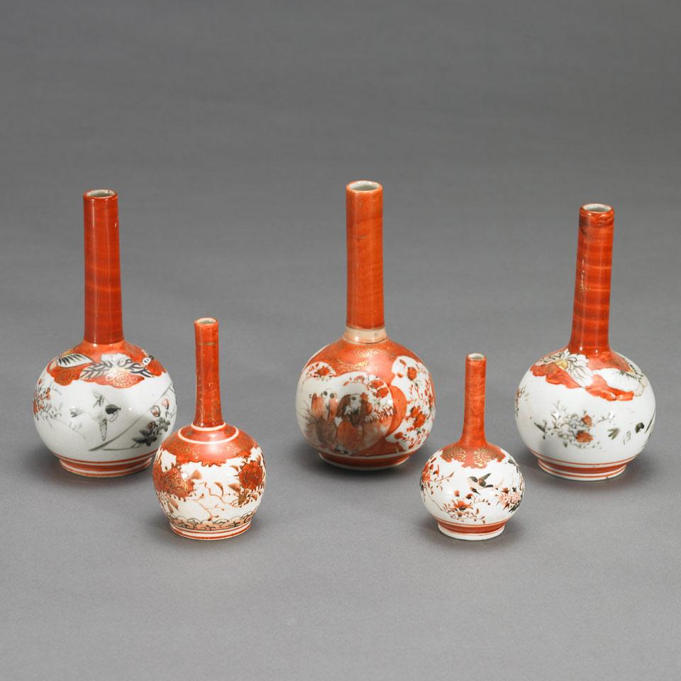 Five Kutani Stick Neck Vases, Circa 1910