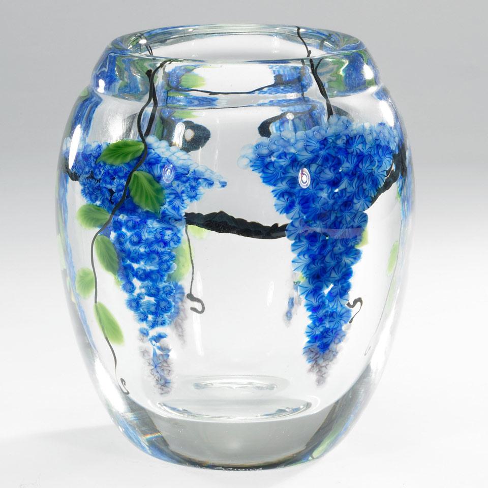 Steven Lundberg (American, 1953-2008), Internally Decorated Wisteria Paperweight Glass Vase, 1990