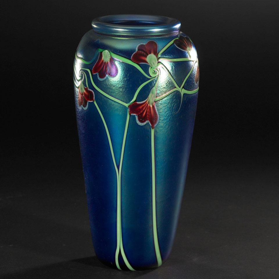 Orient & Flume Floral Decorated Iridescent Glass Vase, 1982