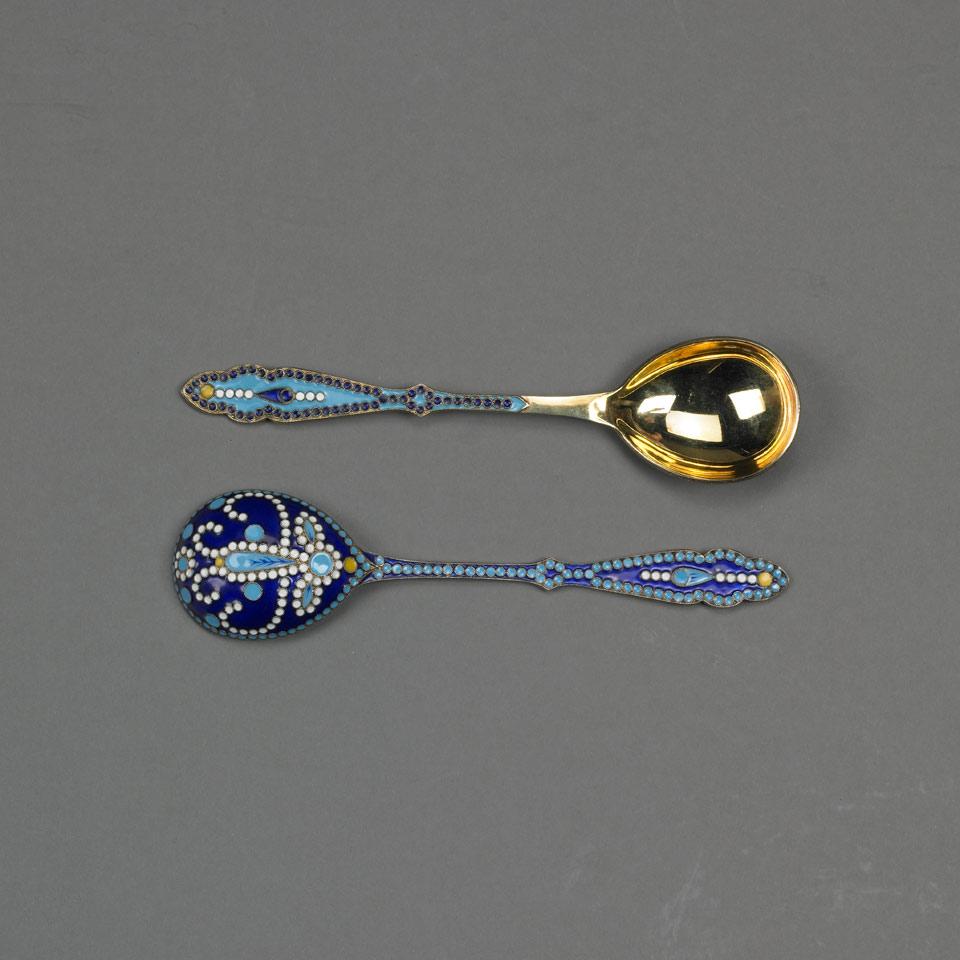 Two Russian Silver-Gilt and Cloisonné Enamel Spoons, Moscow, 20th century