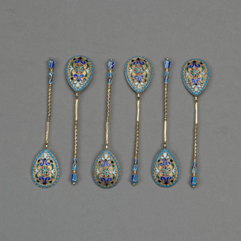 Six Russian Silver-Gilt and Cloisonné Enamel Coffee Spoons, 20th century
