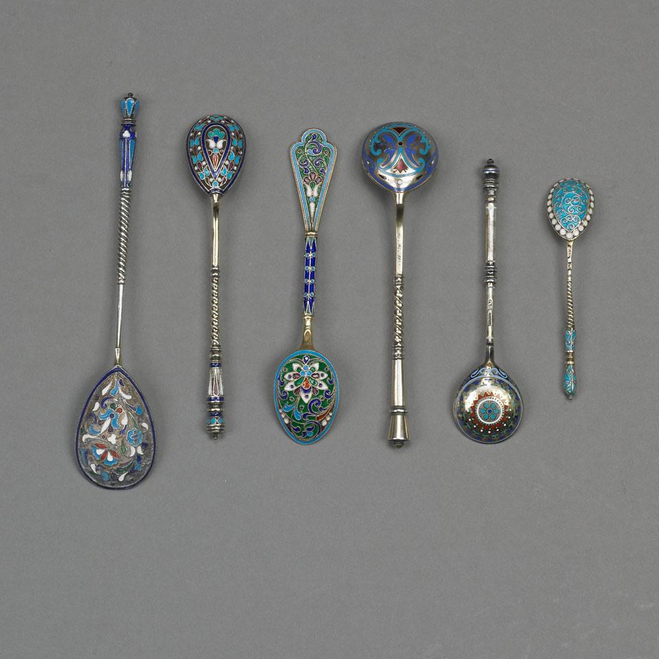 Six Various Russian Silver-Gilt and Enamel Spoons, mainly early 20th century