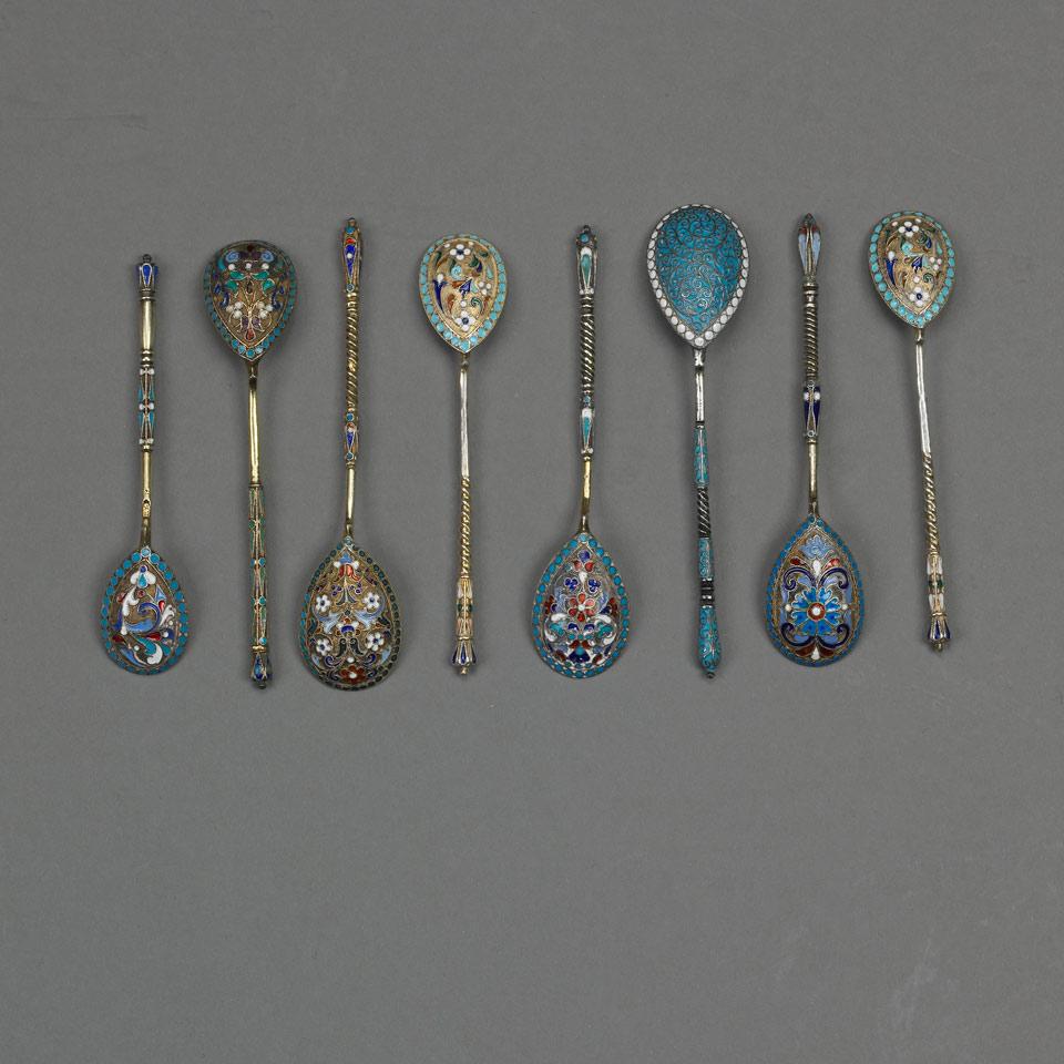 Group of Eight Russian Silver-Gilt and Cloisonné Enamel Spoons, mainly early 20th century