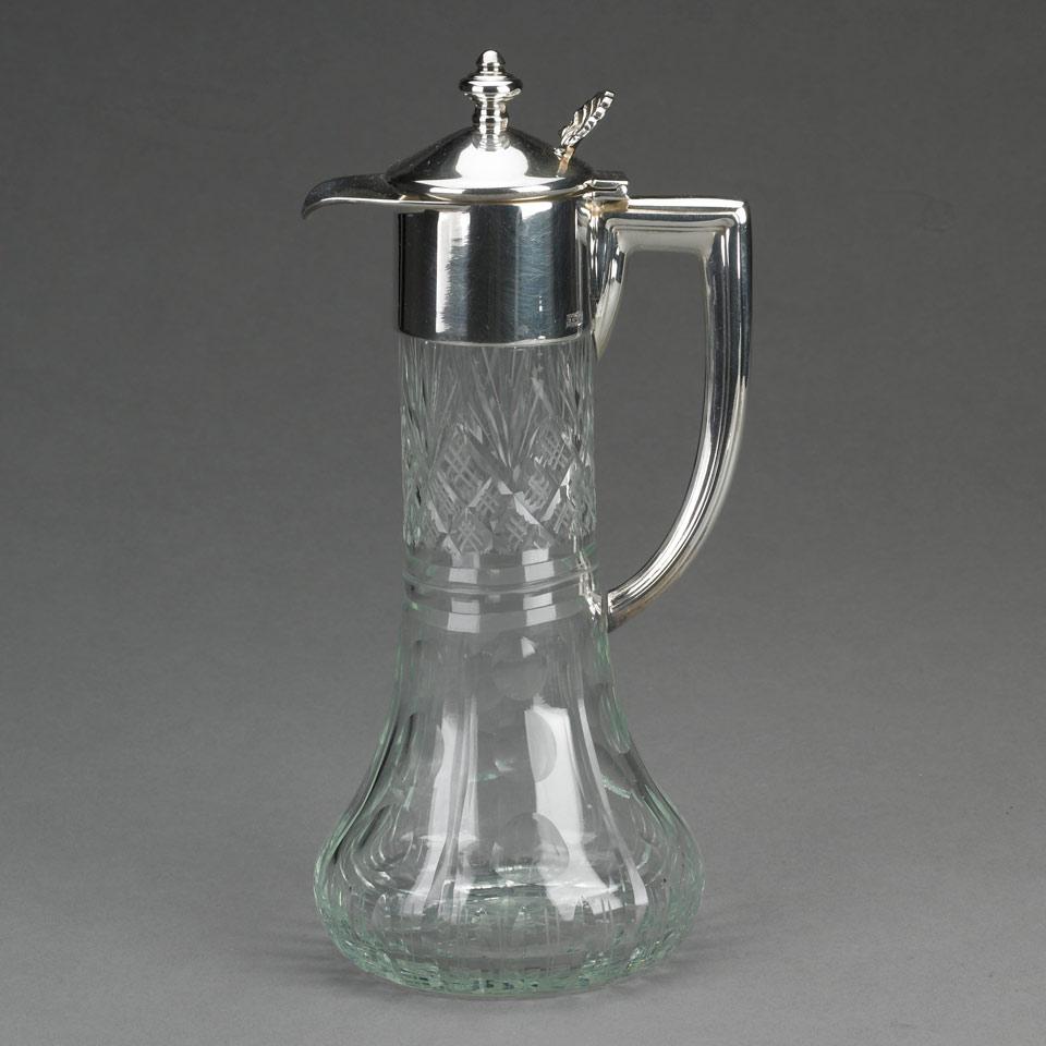 Peruvian Silver Mounted Cut Glass Claret Jug, Carlo Mario Camusso, Lima, 20th century