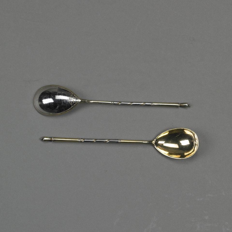 Pair of Russian Nielloed Silver-Gilt Spoons, Stepan Levin, Moscow, 1896-1908