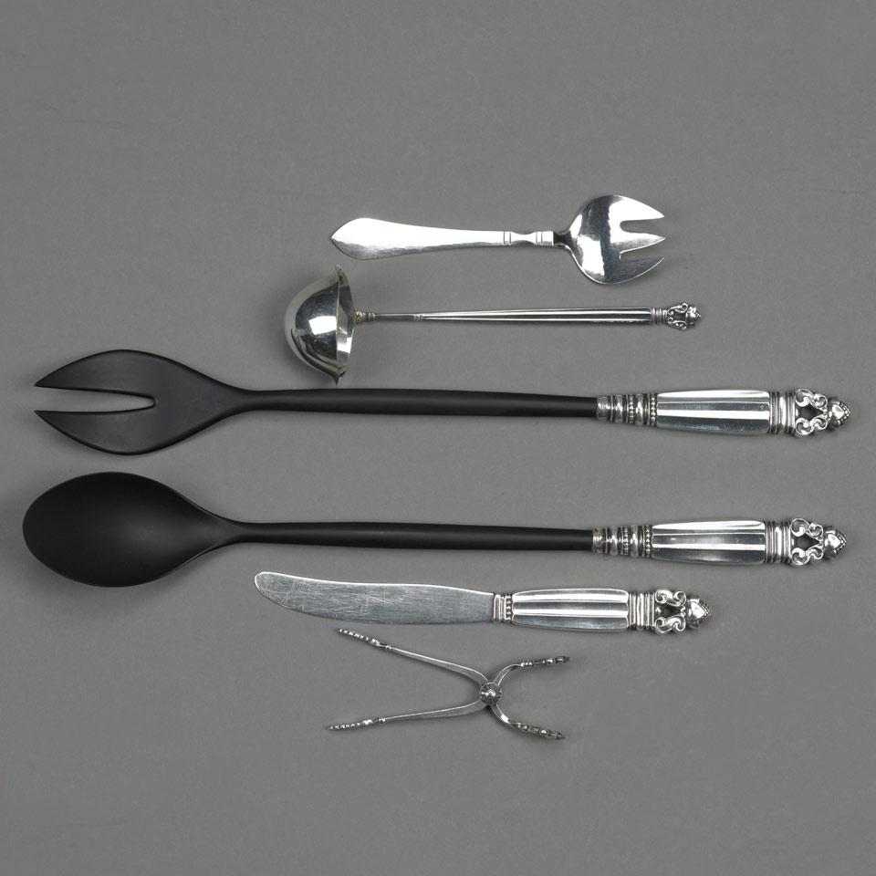 Pair of Danish Silver ‘Acorn’ Pattern Salad Servers, Ladle, Knife, Sugar Nips and ‘Continental’ Pattern Fork, Georg Jensen, Copenhagen, 20th century