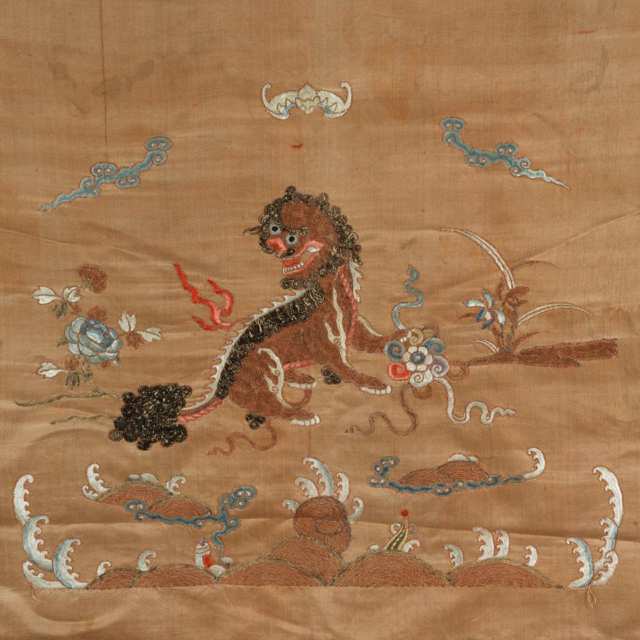 A Fine Silk Embroided Elephant and Fu Lion Textile Panel, Qing Dynasty, Guangxu Period (1875-1908)