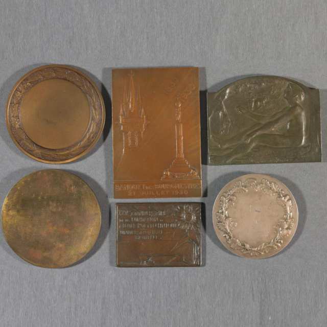 Group of Seven Belgian Bronze Miniature Plaques and Medals