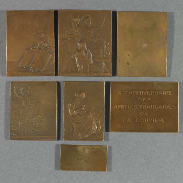 Group of Seven French Miniature Bronze Plaques, 20th century