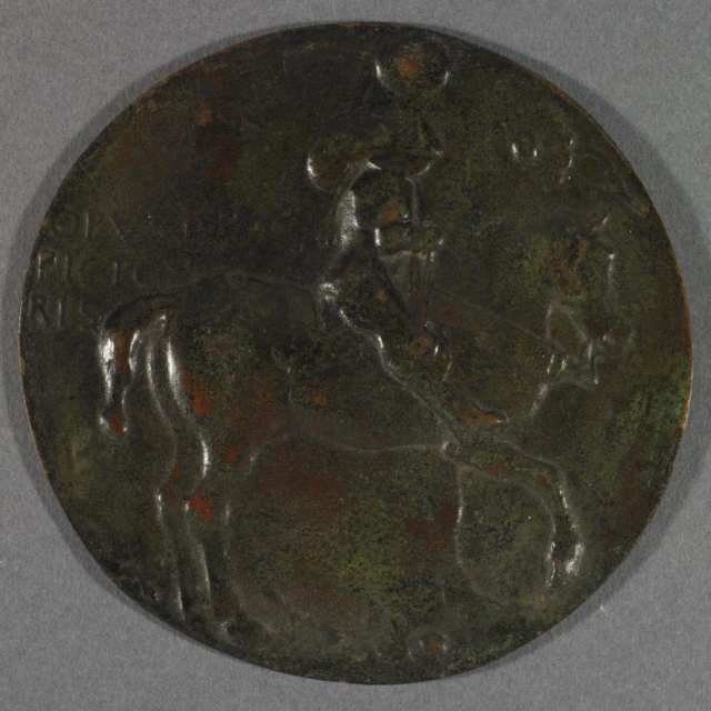 Antonio Pisano, called Pisanello  (Italian, 1380-1455), Two Uniface Bronze Medals, Knight on Horseback and Horses Head, later casts