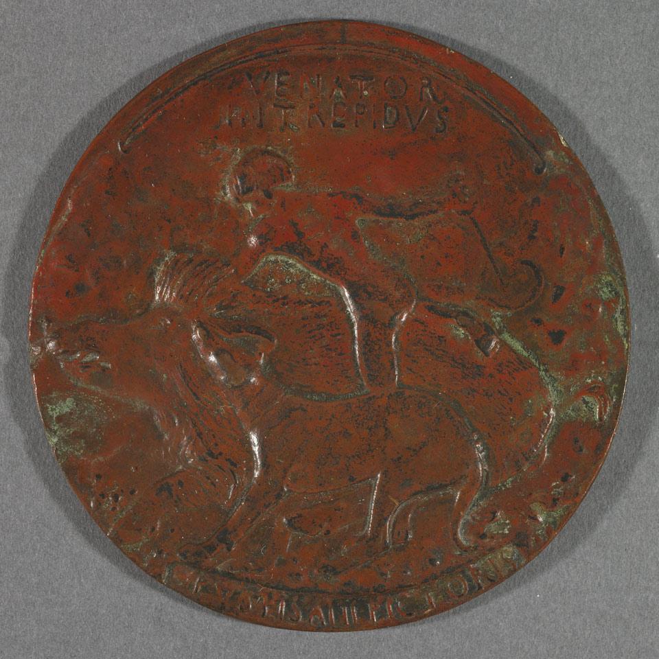 Antonio Pisano, called Pisanello  (Italian, 1380-1455), Uniface Bronze Medal, Young King Alfonzo V Boar Hunting, 1449, later cast