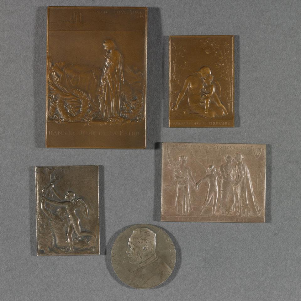 Group of Five French Silver and Bronze Medals and Plaques, Louis Oscar Roty
