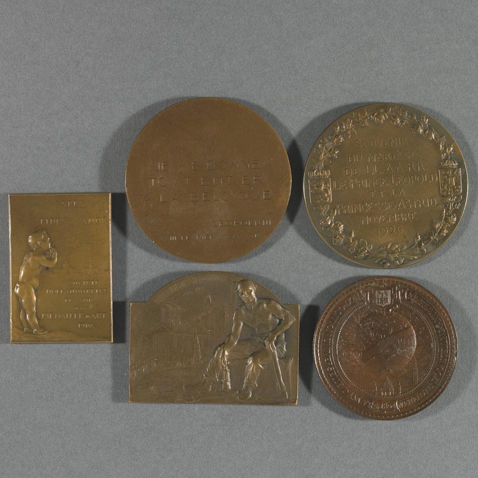 Belgian Monarchy, Group of Five Bronze Portrait Medals and Plaques