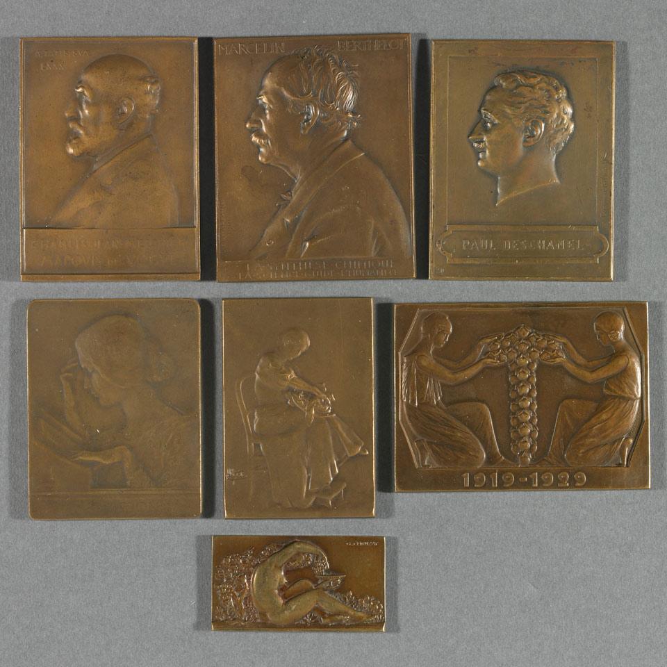 Group of Seven French Miniature Bronze Plaques, 20th century