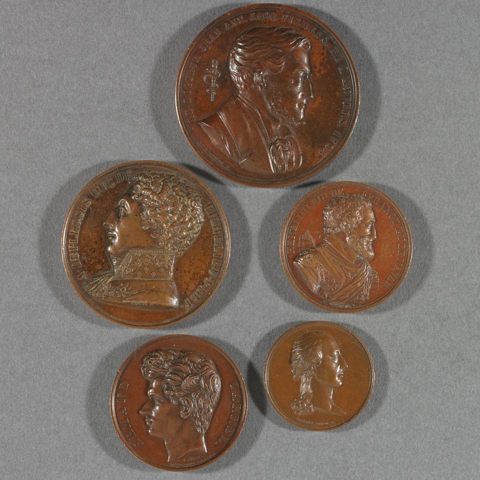 Group of Five French Copper Medals, 19th century