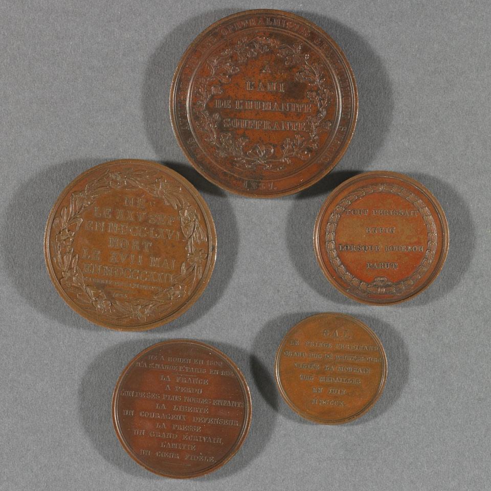 Group of Five French Copper Medals, 19th century