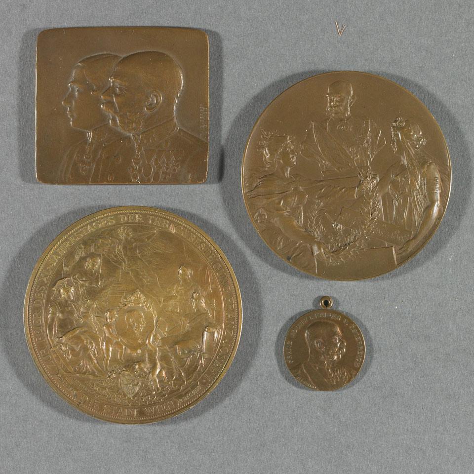 Group of Four Austrian Bronze Medals and Plaques, Kaisar Franz Joseph I
