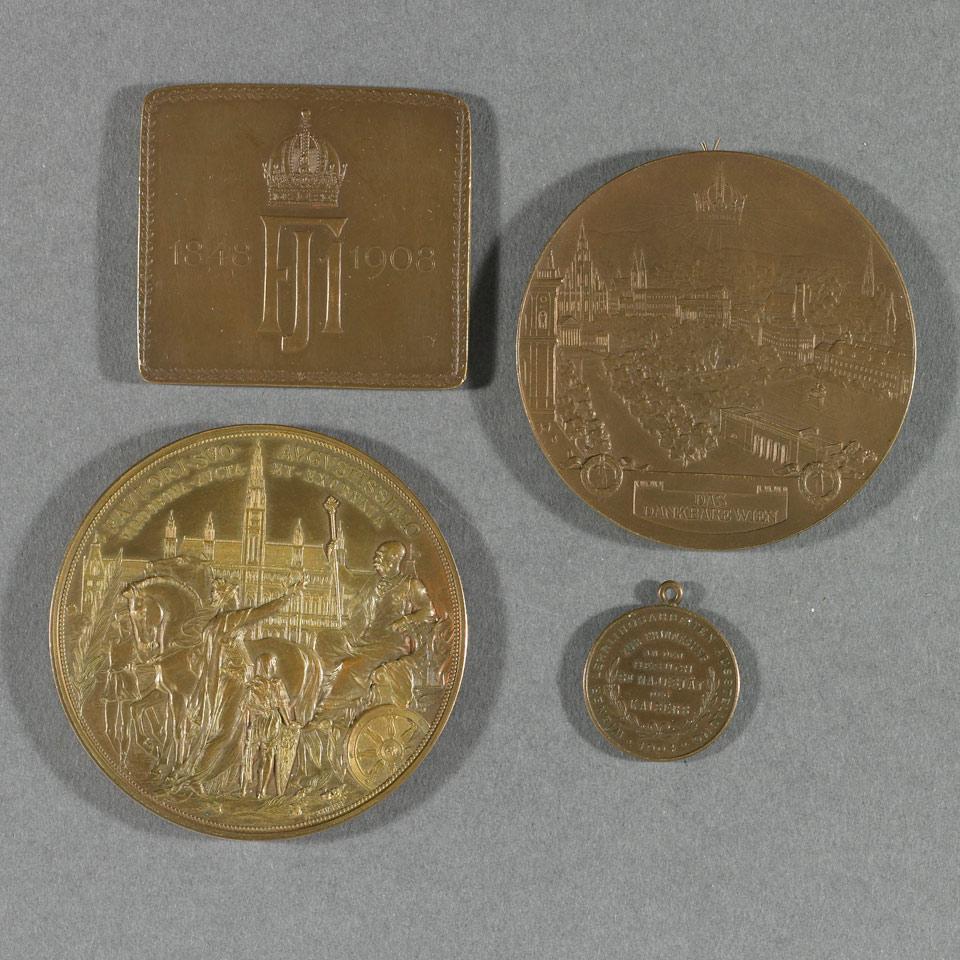 Group of Four Austrian Bronze Medals and Plaques, Kaisar Franz Joseph I