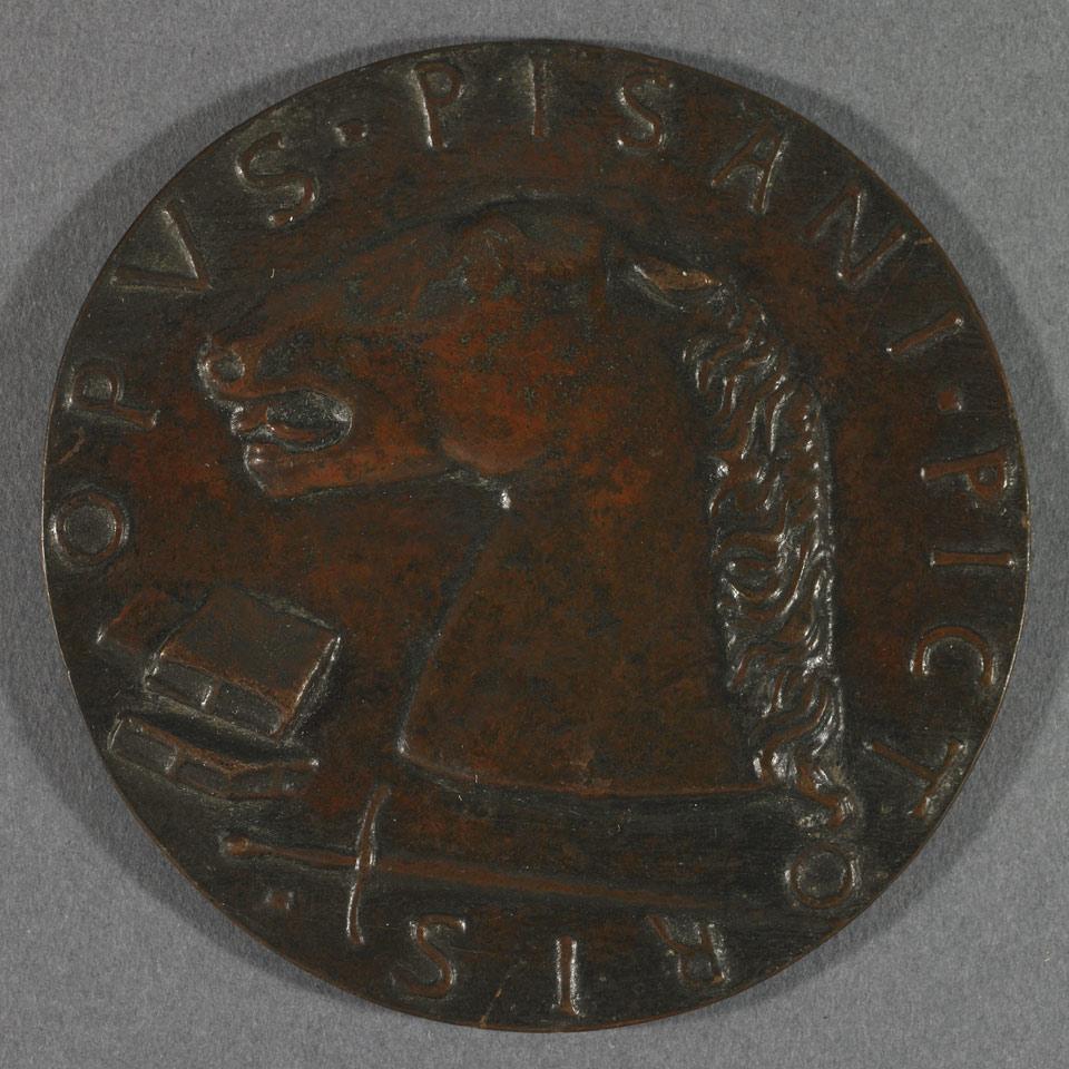 Antonio Pisano, called Pisanello  (Italian, 1380-1455), Two Uniface Bronze Medals, Knight on Horseback and Horses Head, later casts