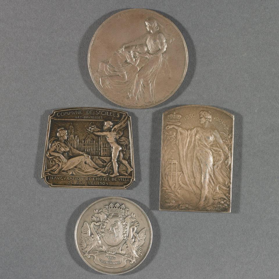 Group of Four French and Belgian Silvered Bronze Medals and Plaques