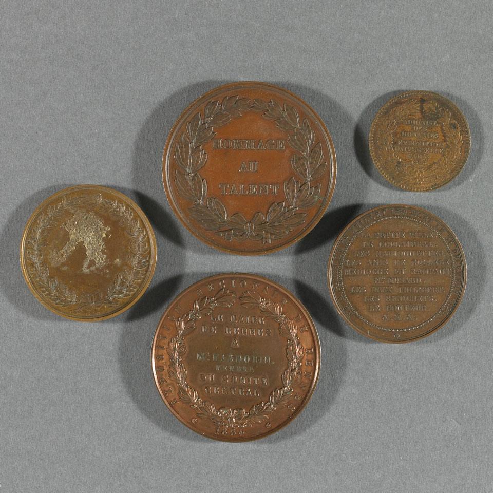 Group of Five French Copper and Bronze Medals, 19th century