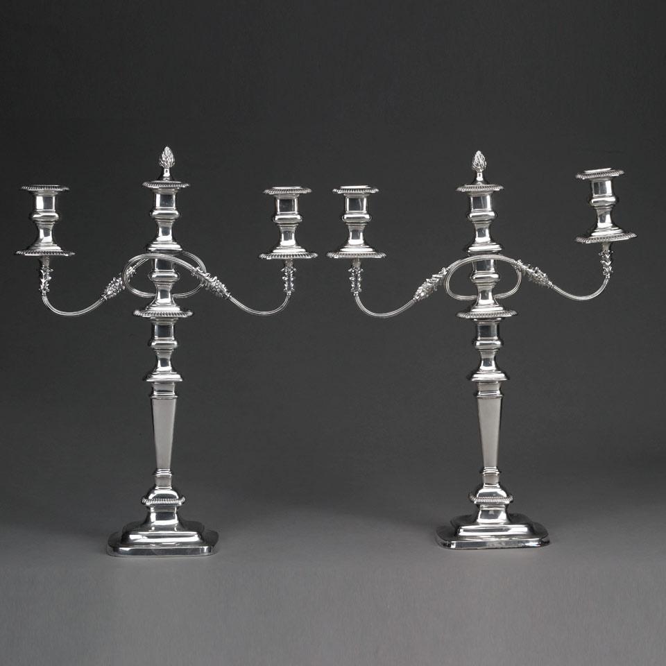 Pair of English Silver Plated Regency Design Three-Light Candelabra, early 20th century