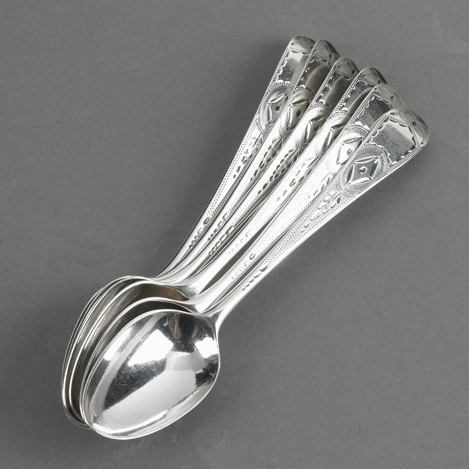 Six George III Silver Bright-Cut Teaspoons, Hester Bateman, London, 1785