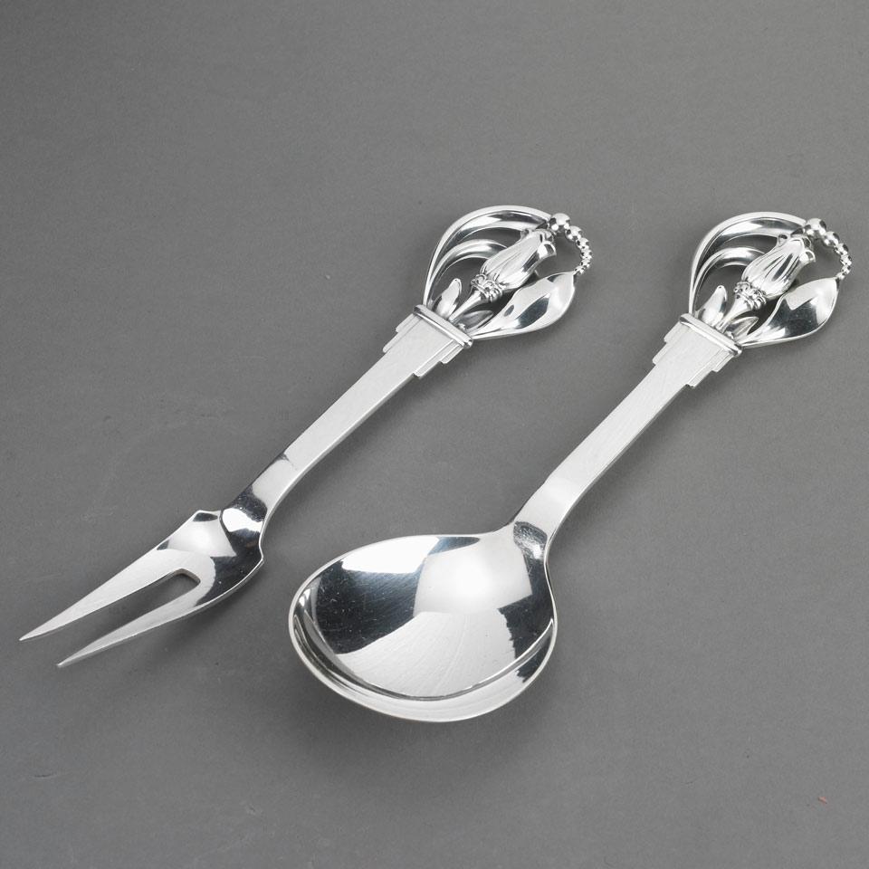 Danish Silver Serving Spoon and Fork, W. & S. Sorensen, Horsens, 20th century