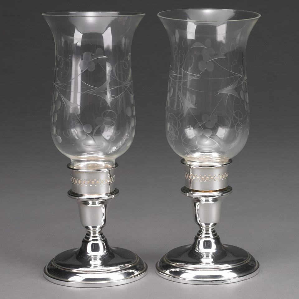 Pair of Canadian Silver Candlesticks with Etched Glass Hurricane Shades, Henry Birks & Sons, Montreal, Que., 20th century