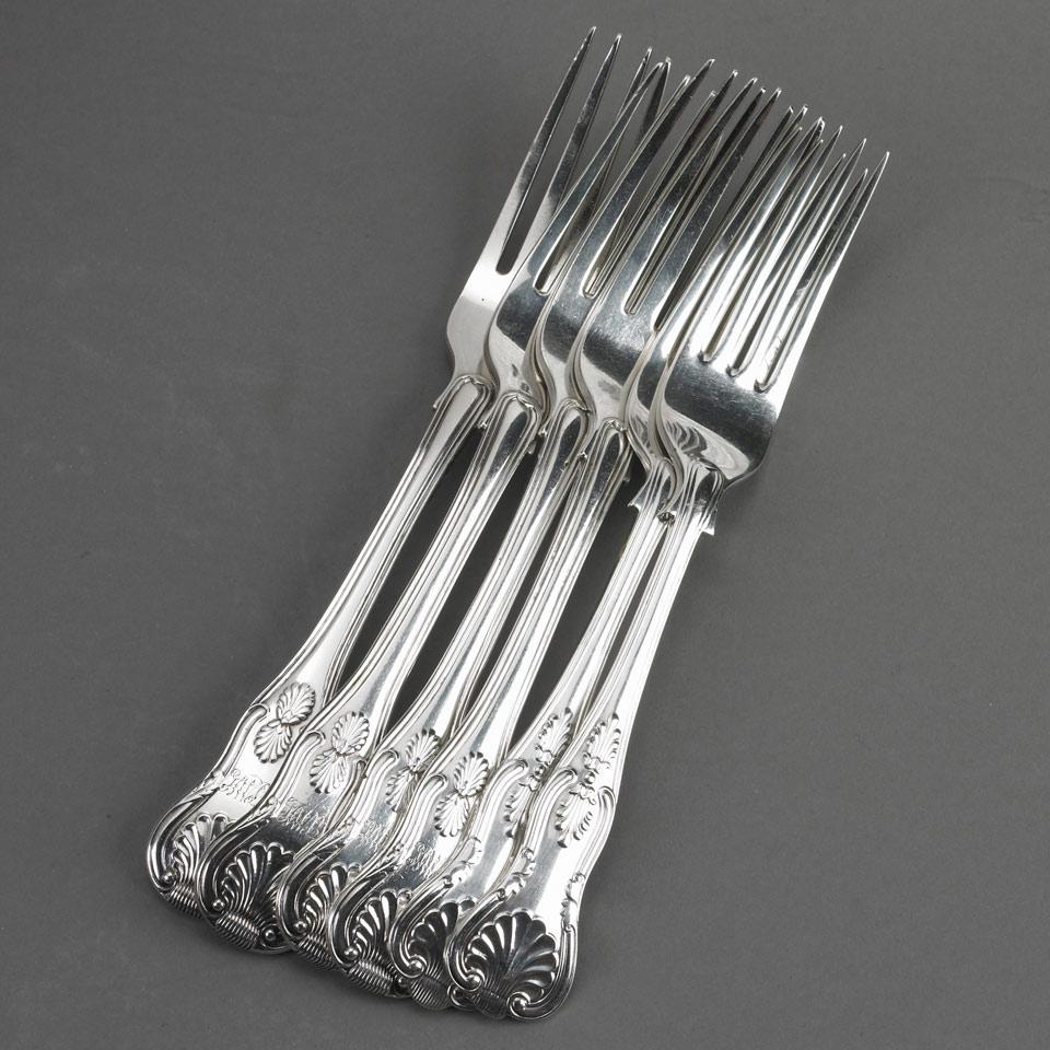 Six George III and Later Silver Kings Pattern Table Forks, William Bateman I, London, 1816 (four) and James Dixon & Sons, Sheffield, 1936/38