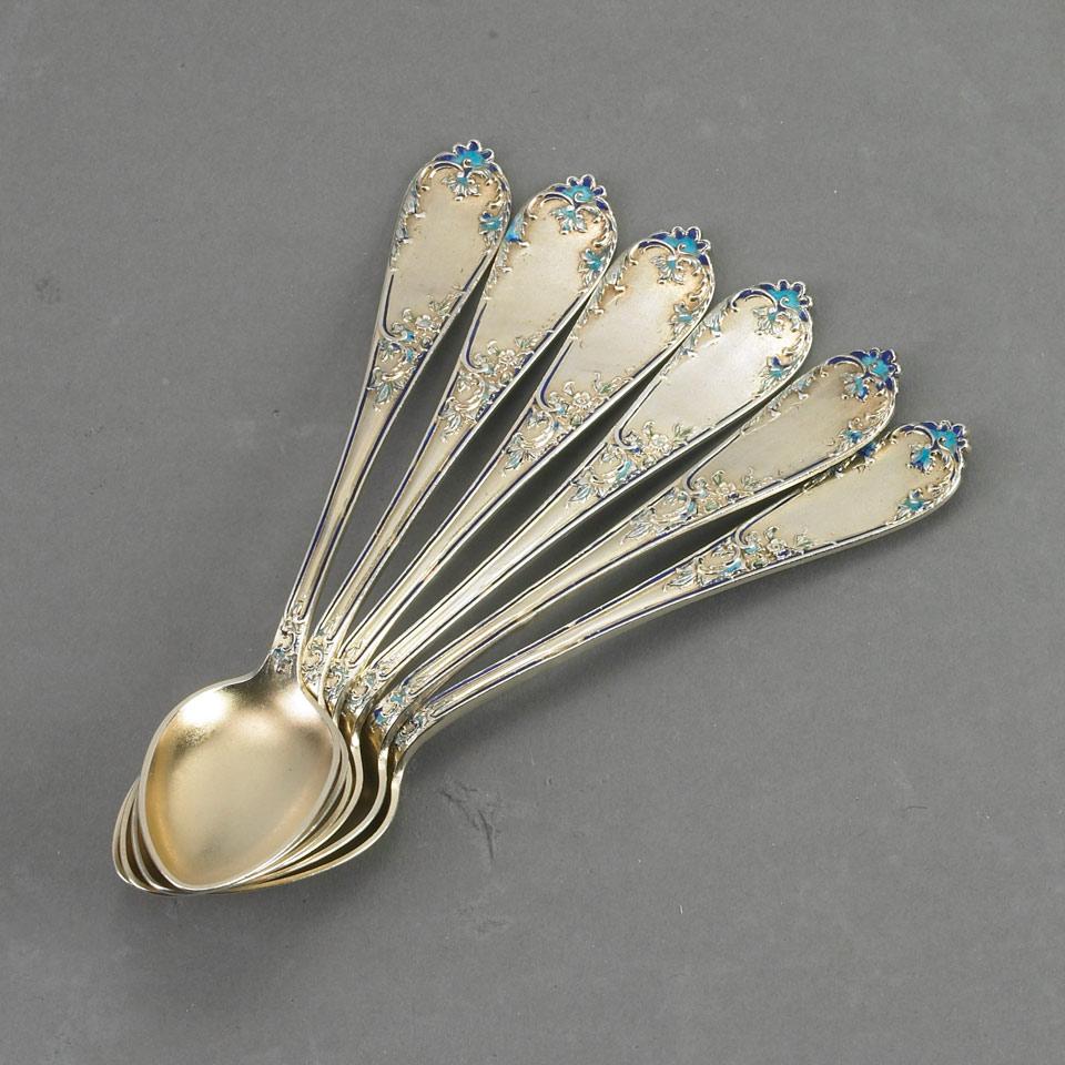Six Russian Silver-Gilt and Enamel Coffee Spoons, St. Petersburg, c.1900