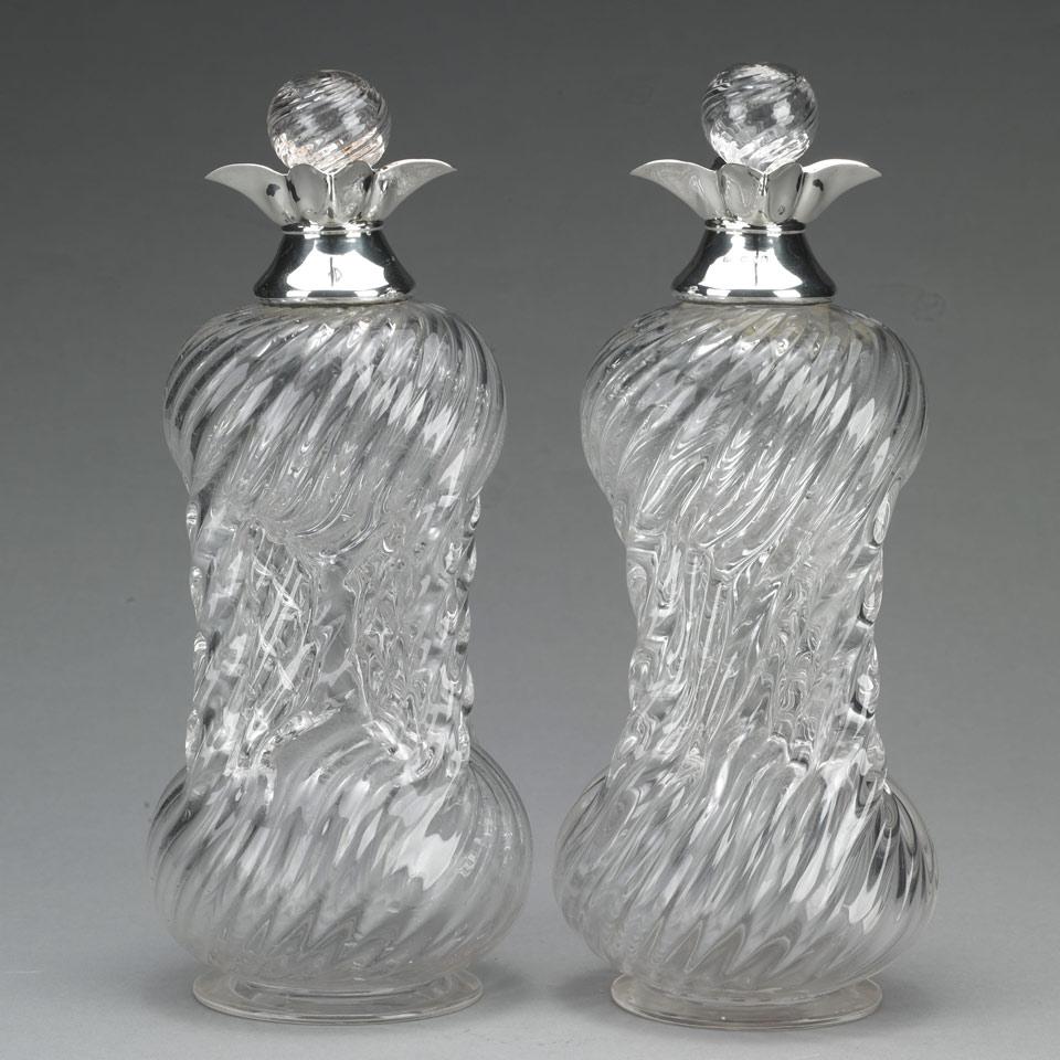 Pair of Victorian Silver Mounted Mould-Blown Glass Decanters, Thomas Smily, London, 1890