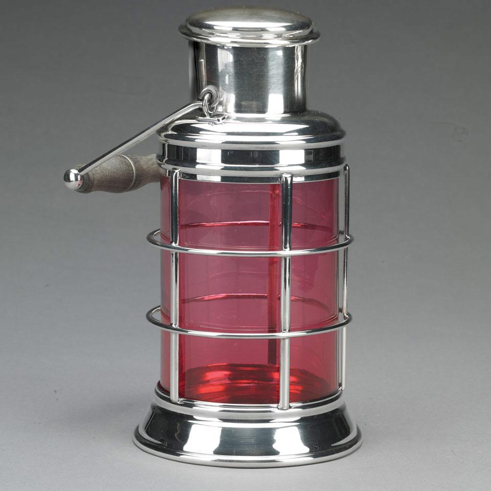 English Silver Plate and Red Glass Ship’s Lantern Cocktail Shaker, Asprey & Co., early 20th century