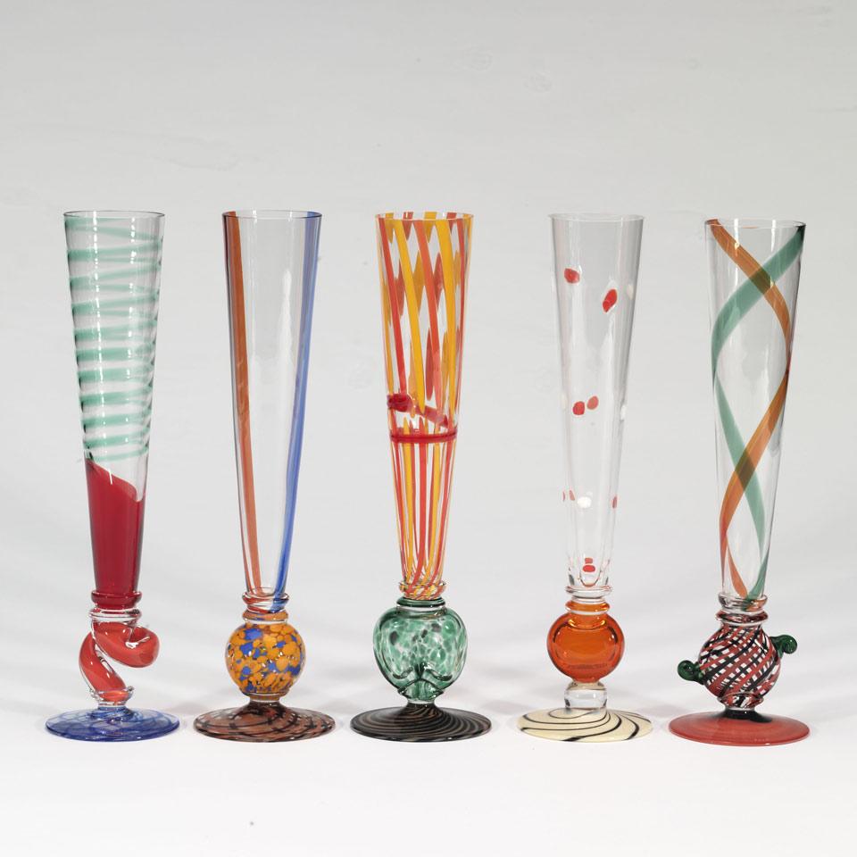 Five Murano Coloured Glass Flutes, Carlo Moretti, 2003
