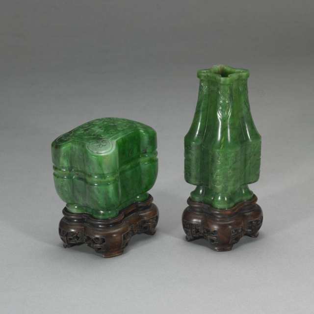 Two  Spinach Green Jade Items - Box and Vase