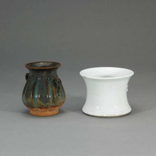 A White Glazed Brushpot and a Jun Glazed Pot