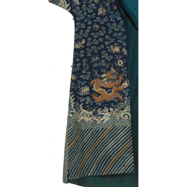 Blue Ground Silk Embroided Dragon Robe, Guangxu Period (1875-1908)