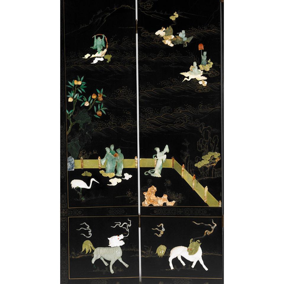 Six Panel Hardstone and Black Lacquer Screen