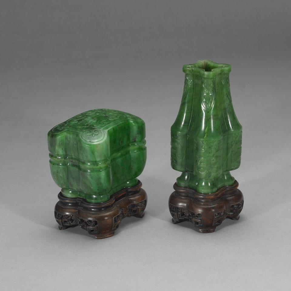 Two  Spinach Green Jade Items - Box and Vase