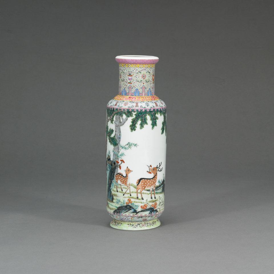 Famille Rose Rouleau Vase, Qianlong Mark, Republican Period, Early 20th Century