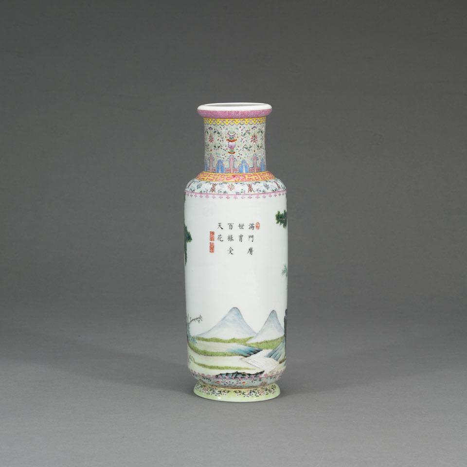 Famille Rose Rouleau Vase, Qianlong Mark, Republican Period, Early 20th Century
