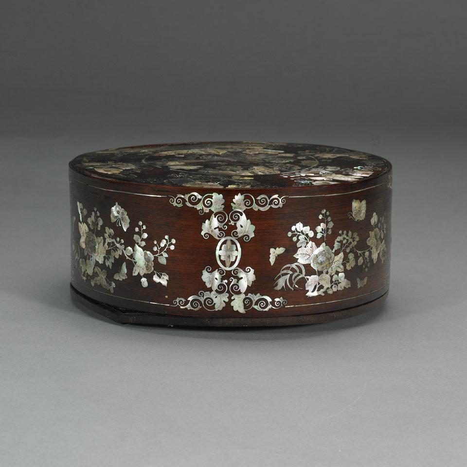 Circular Wood Box with Mother of Pearl Inlay, Qing Dynasty, 19th Century