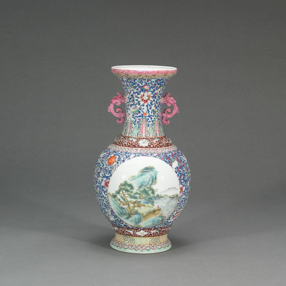 Famille Rose Landscape Vase, Qianlong Mark, Republican Period, Early 20th Century