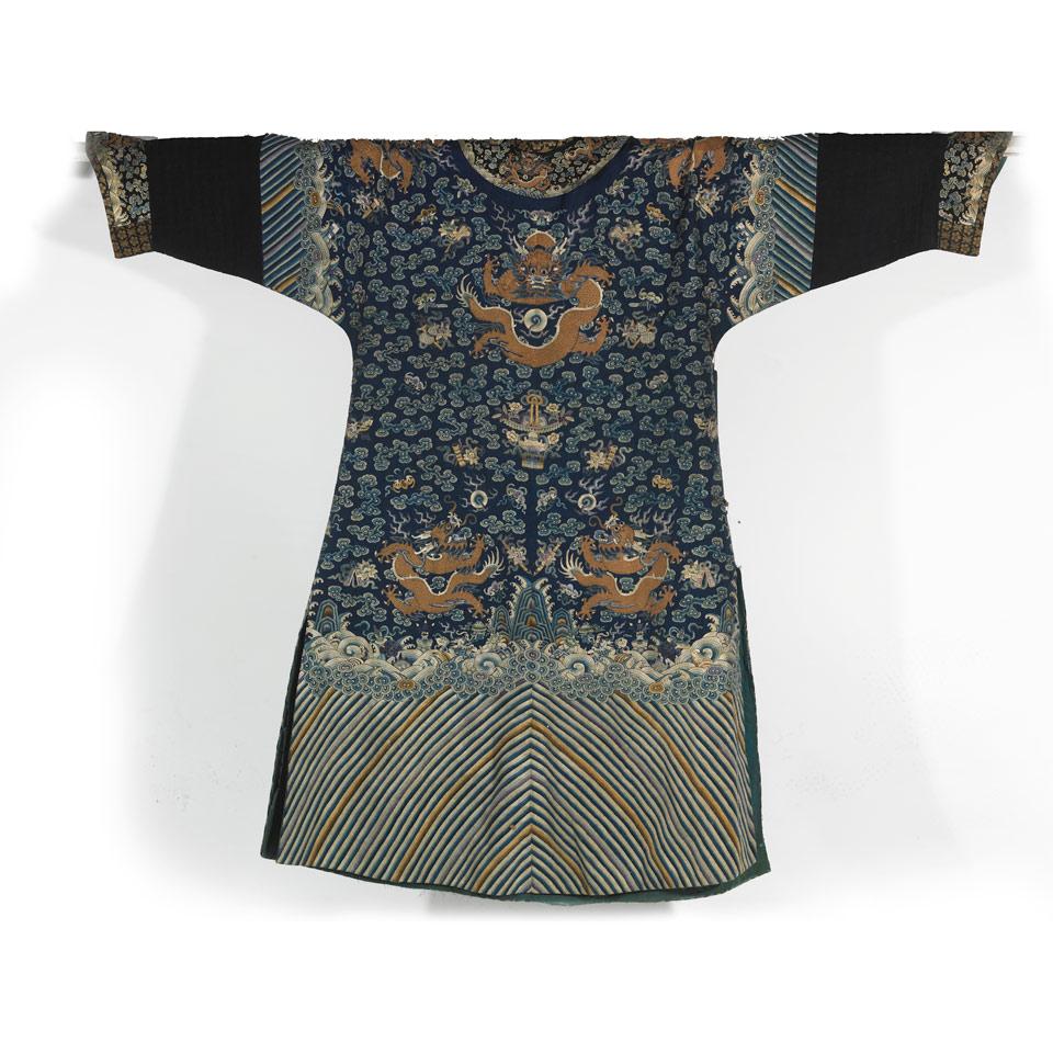 Blue Ground Silk Embroided Dragon Robe, Guangxu Period (1875-1908)