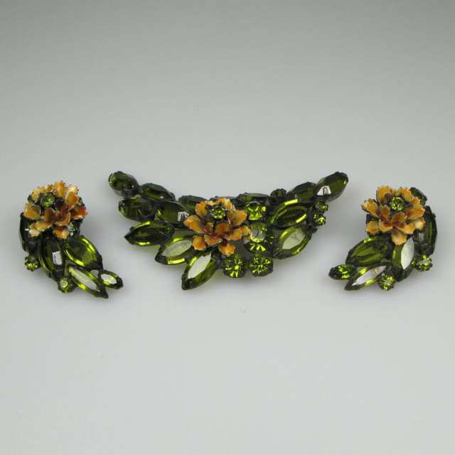 2 Gold Tone Metal And Green Rhinestone Brooch And Earring Suites