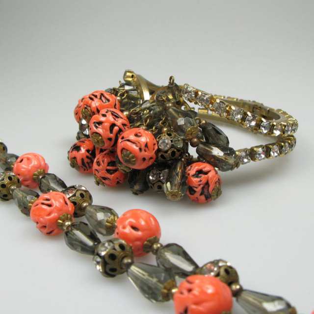 Smoky Crystal And Faux Coral Bead Double Strand Necklace