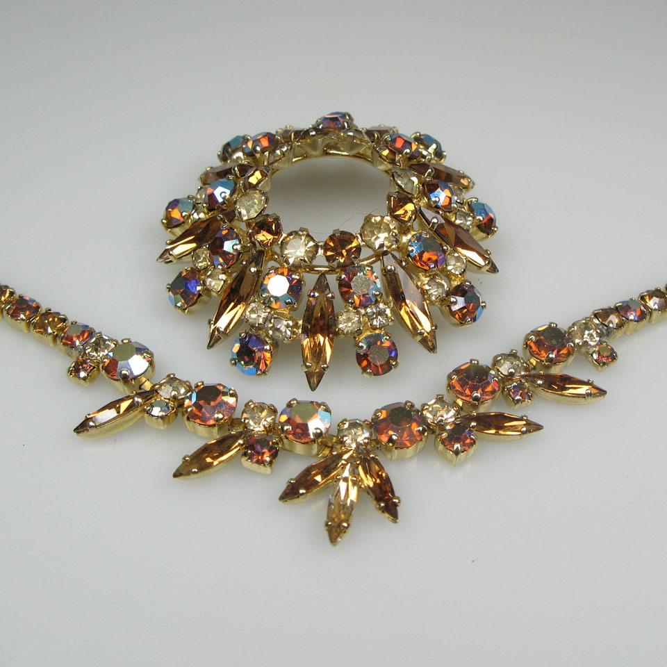 Sherman Gold Tone Metal Brooch And Necklace Suite