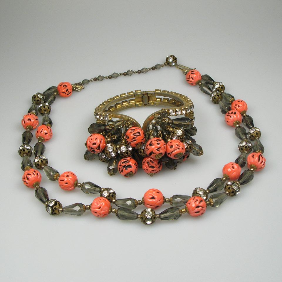 Smoky Crystal And Faux Coral Bead Double Strand Necklace