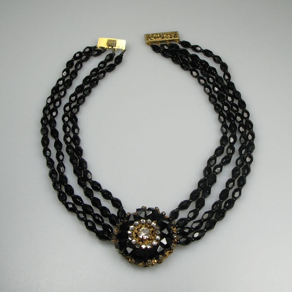 Miriam Haskell 4 Strand Black Glass Bead Necklace